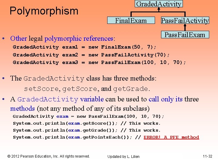 Polymorphism Graded. Activity Final. Exam • Other legal polymorphic references: Pass. Fail. Activity Pass. Polymorphism Graded. Activity Final. Exam • Other legal polymorphic references: Pass. Fail. Activity Pass.
