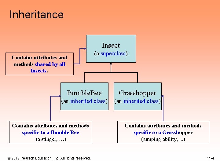 Inheritance Insect Contains attributes and methods shared by all insects. (a superclass) Bumble. Bee
