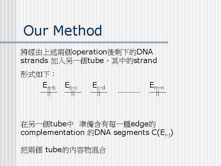 Our Method 將經由上述兩個operation後剩下的DNA strands 加入另一個tube，其中的strand 形式如下： Ea-b Eb-c Ec-d Em-n 在另一個tube中 準備含有每一種edge的 complementation 的DNA