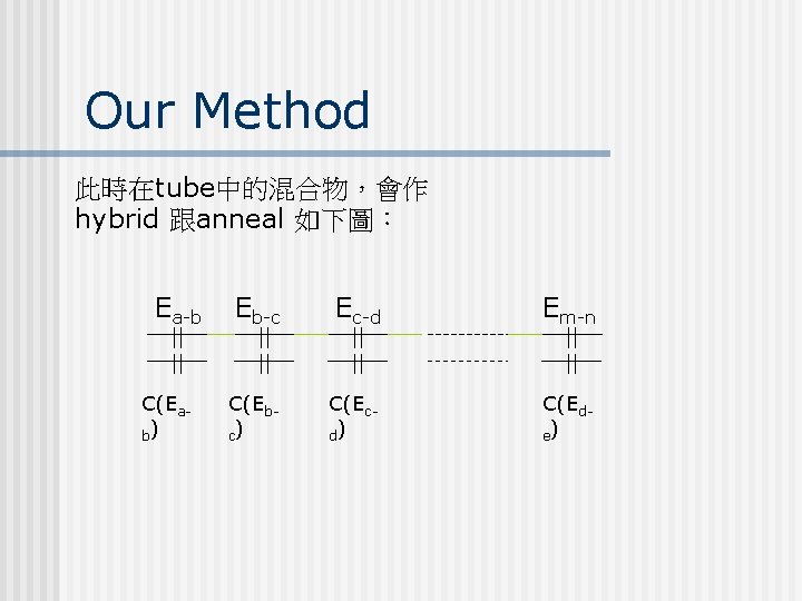 Our Method 此時在tube中的混合物，會作 hybrid 跟anneal 如下圖： Ea-b C(Eab) Eb-c Ec-d Em-n C(Ebc) C(Ecd) C(Ede)