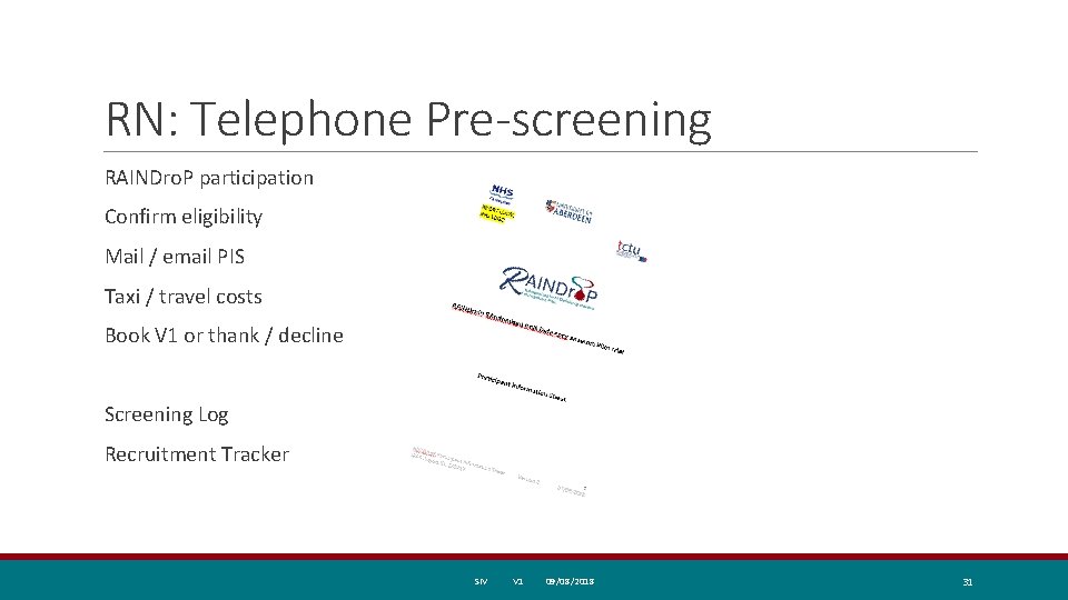 RN: Telephone Pre-screening RAINDro. P participation Confirm eligibility Mail / email PIS Taxi /