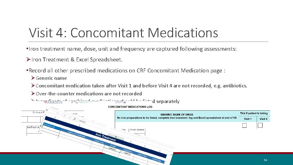 Visit 4: Concomitant Medications • Iron treatment name, dose, unit and frequency are captured