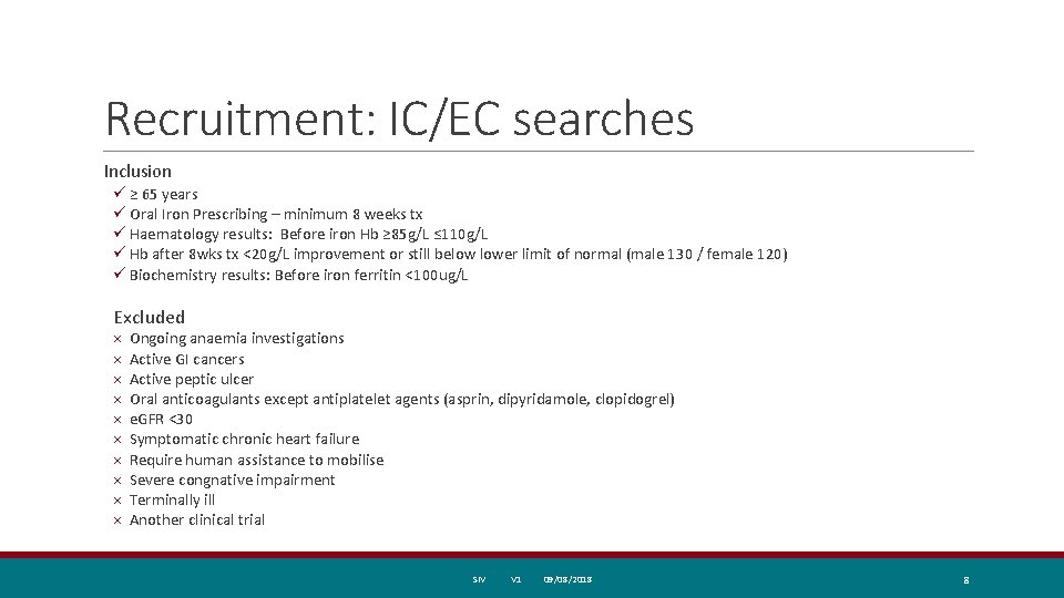 Recruitment: IC/EC searches Inclusion ü ≥ 65 years ü Oral Iron Prescribing – minimum