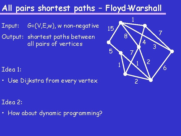 All pairs shortest paths – Floyd-Warshall Input: G=(V, E, w), w non-negative Output: shortest
