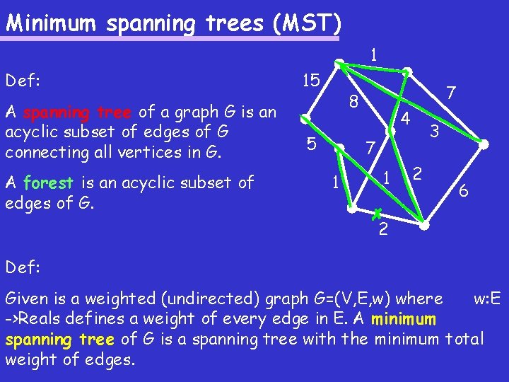 Minimum spanning trees (MST) 1 Def: A spanning tree of a graph G is