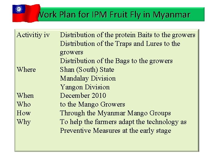 Work Plan for IPM Fruit Fly in Myanmar Activitiy iv Where When Who How