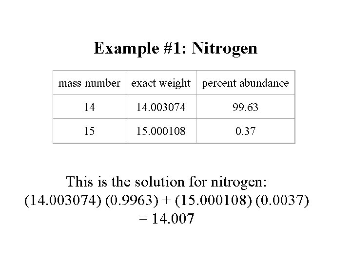Example #1: Nitrogen mass number exact weight percent abundance 14 14. 003074 99. 63 Example #1: Nitrogen mass number exact weight percent abundance 14 14. 003074 99. 63