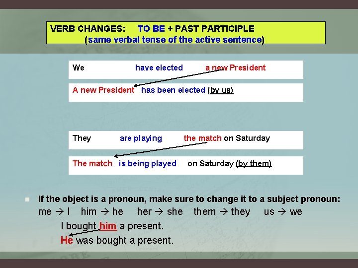 VERB CHANGES: TO BE + PAST PARTICIPLE (same verbal tense of the active sentence)
