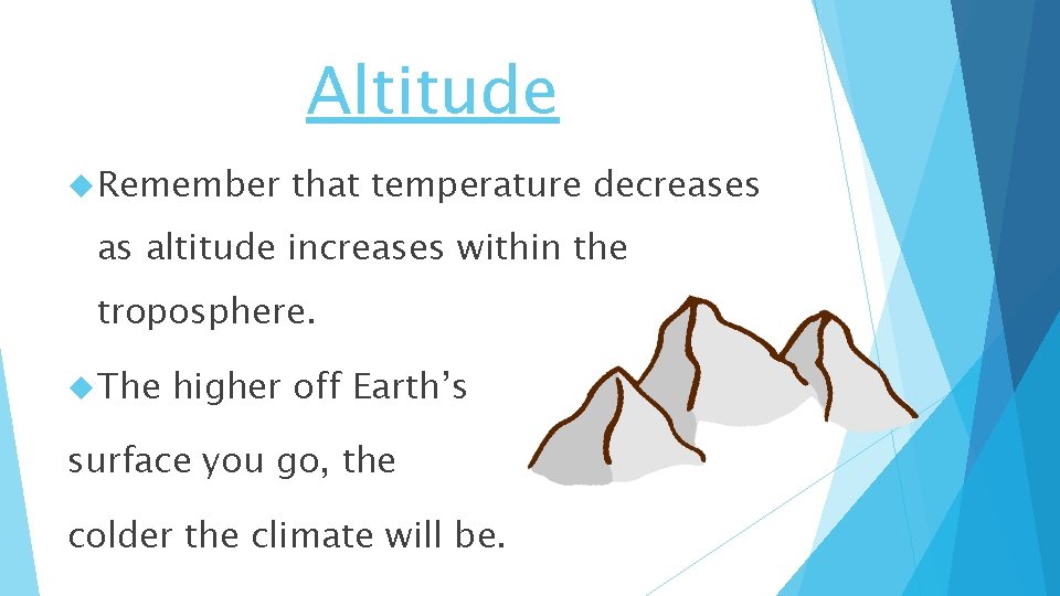 Altitude Remember that temperature decreases as altitude increases within the troposphere. The higher off