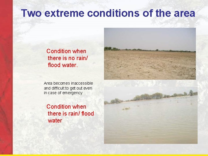 Two extreme conditions of the area Condition when there is no rain/ flood water.
