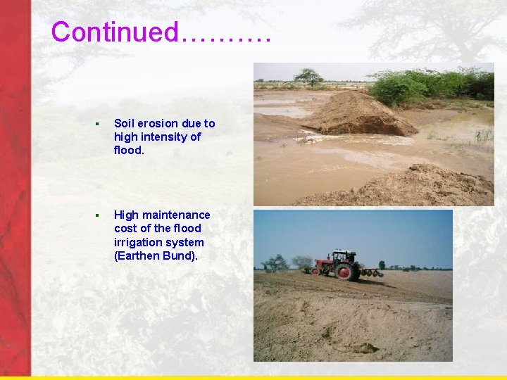 Continued………. § Soil erosion due to high intensity of flood. § High maintenance cost