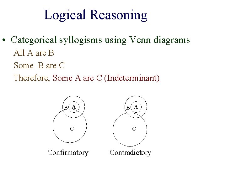 Logical Reasoning • Categorical syllogisms using Venn diagrams All A are B Some B