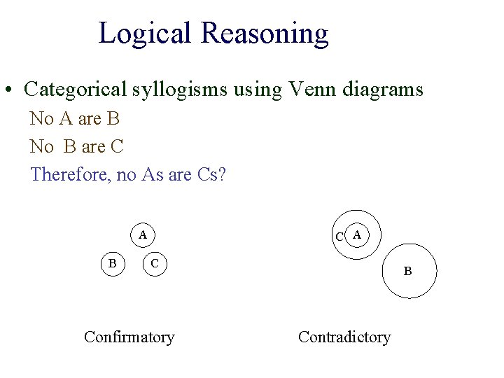 Logical Reasoning • Categorical syllogisms using Venn diagrams No A are B No B