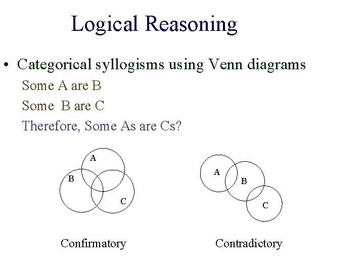 Logical Reasoning • Categorical syllogisms using Venn diagrams Some A are B Some B