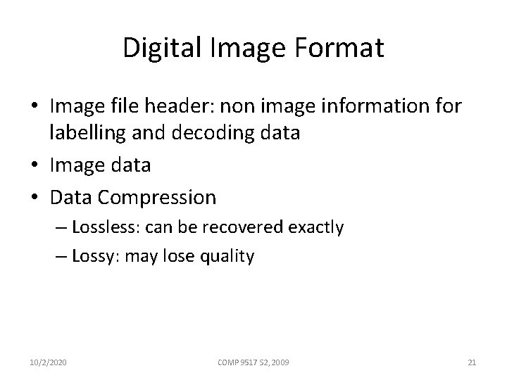 Digital Image Format • Image file header: non image information for labelling and decoding