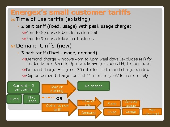 Energex’s small customer tariffs Time of use tariffs (existing) ◦ 2 part tariff (fixed,