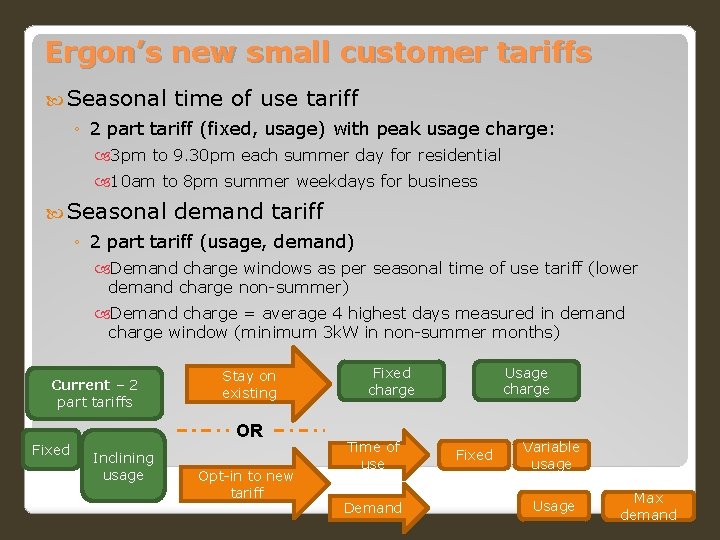 Ergon’s new small customer tariffs Seasonal time of use tariff ◦ 2 part tariff