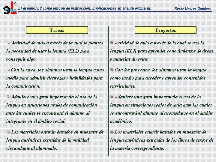 El español L 2 como lengua de instrucción: implicaciones en el aula ordinaria. Tareas El español L 2 como lengua de instrucción: implicaciones en el aula ordinaria. Tareas
