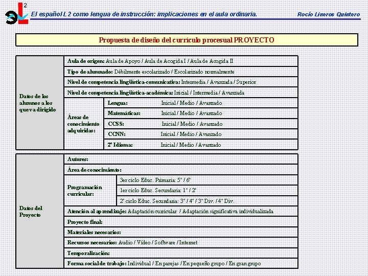 El español L 2 como lengua de instrucción: implicaciones en el aula ordinaria. Propuesta El español L 2 como lengua de instrucción: implicaciones en el aula ordinaria. Propuesta