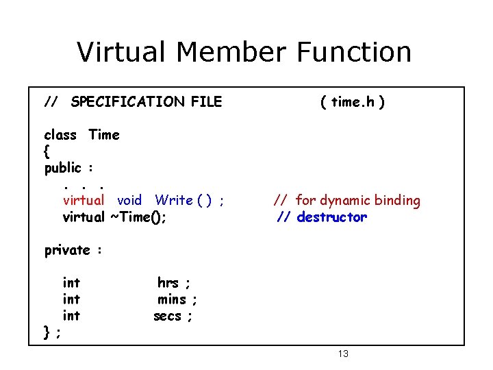 Virtual Member Function // SPECIFICATION FILE class Time { public : . . .