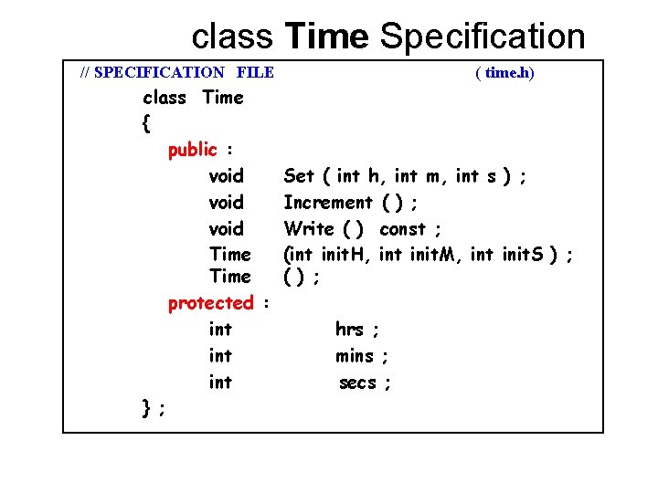 class Time Specification // SPECIFICATION FILE class Time { public : void Time protected