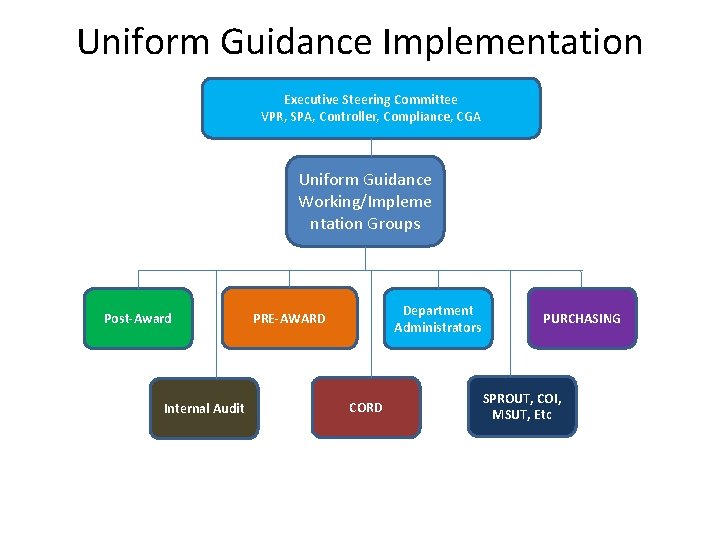 Uniform Guidance Implementation Executive Steering Committee VPR, SPA, Controller, Compliance, CGA Uniform Guidance Working/Impleme