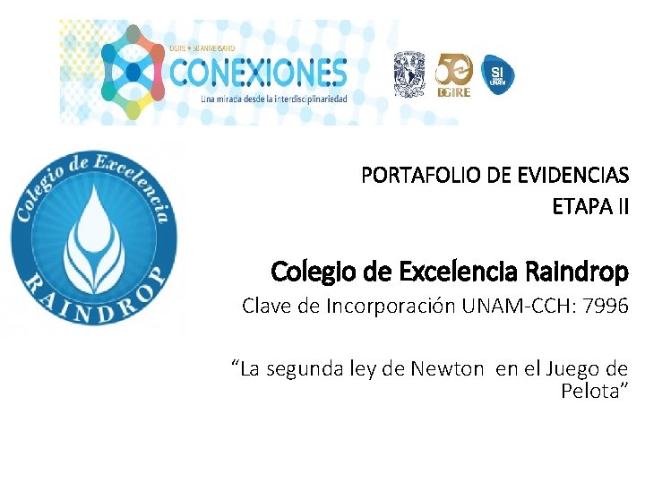 PORTAFOLIO DE EVIDENCIAS ETAPA II Colegio de Excelencia Raindrop Clave de Incorporación UNAM-CCH: 7996