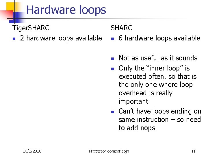 Hardware loops Tiger. SHARC n 2 hardware loops available SHARC n 6 hardware loops