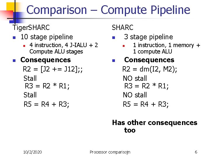 Comparison – Compute Pipeline Tiger. SHARC n 10 stage pipeline n n SHARC n