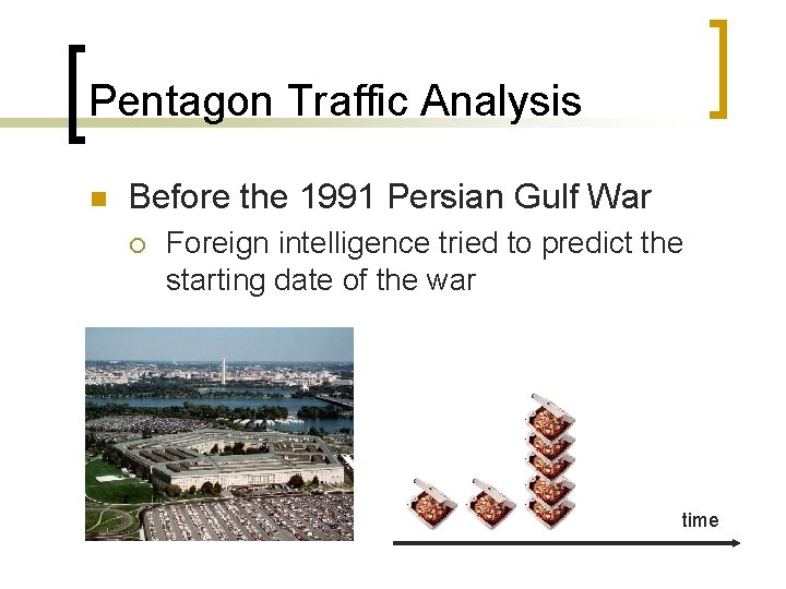 Pentagon Traffic Analysis n Before the 1991 Persian Gulf War ¡ Foreign intelligence tried
