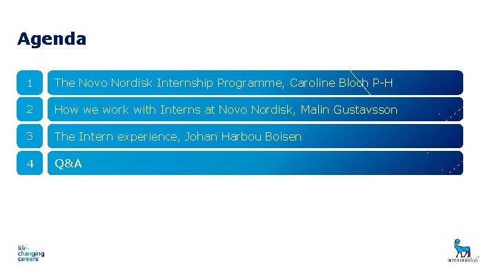 Agenda 1 The Novo Nordisk Internship Programme, Caroline Bloch P-H 2 How we work