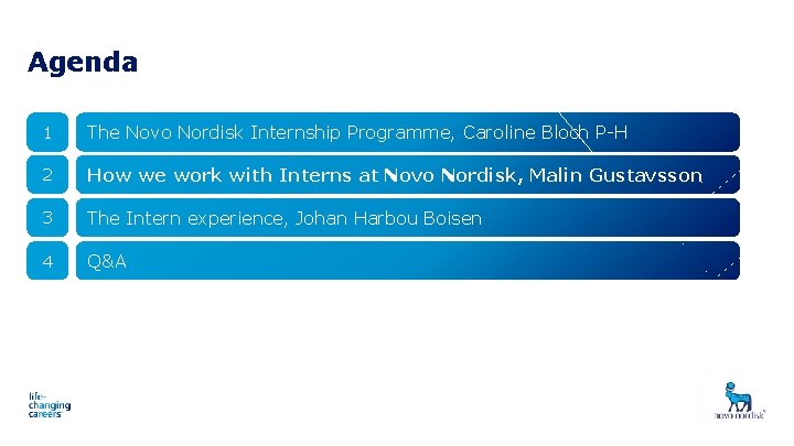 Agenda 1 The Novo Nordisk Internship Programme, Caroline Bloch P-H 2 How we work