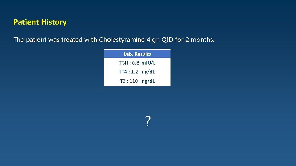 Patient History The patient was treated with Cholestyramine 4 gr. QID for 2 months.