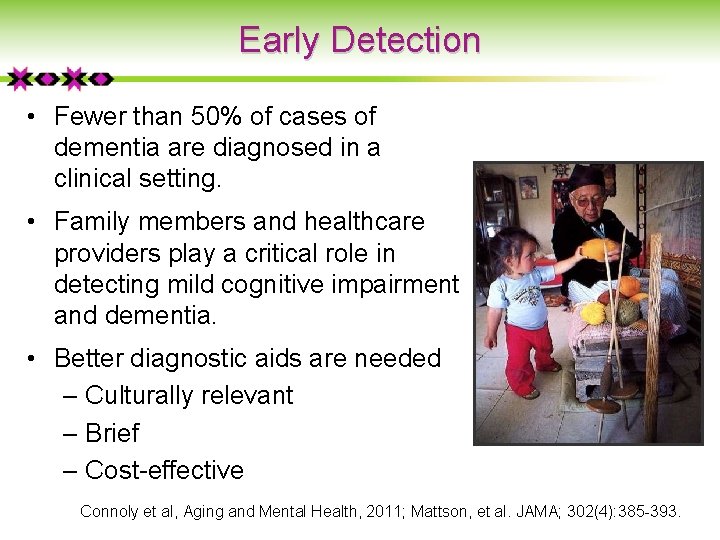 Early Detection • Fewer than 50% of cases of dementia are diagnosed in a