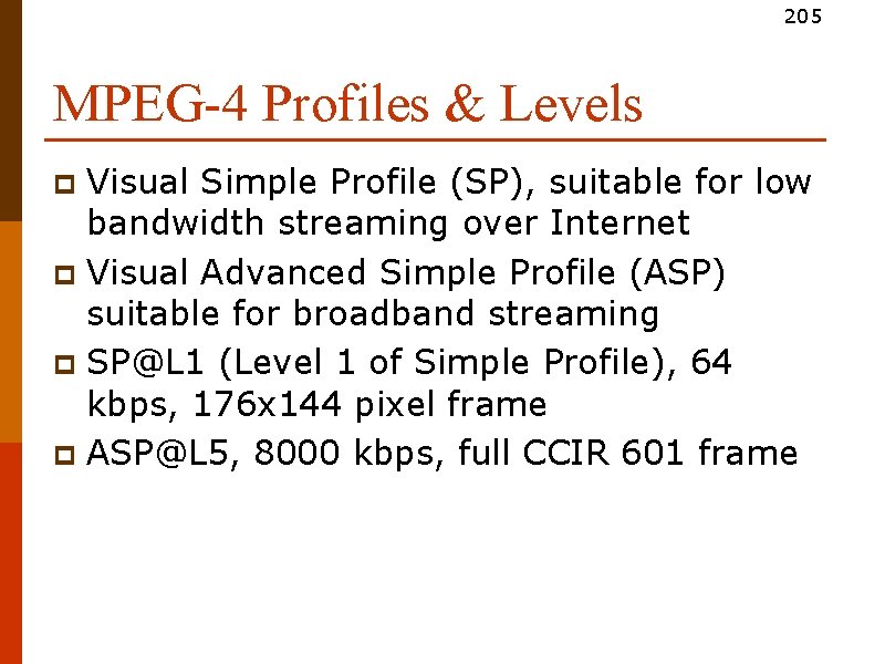 205 MPEG-4 Profiles & Levels Visual Simple Profile (SP), suitable for low bandwidth streaming