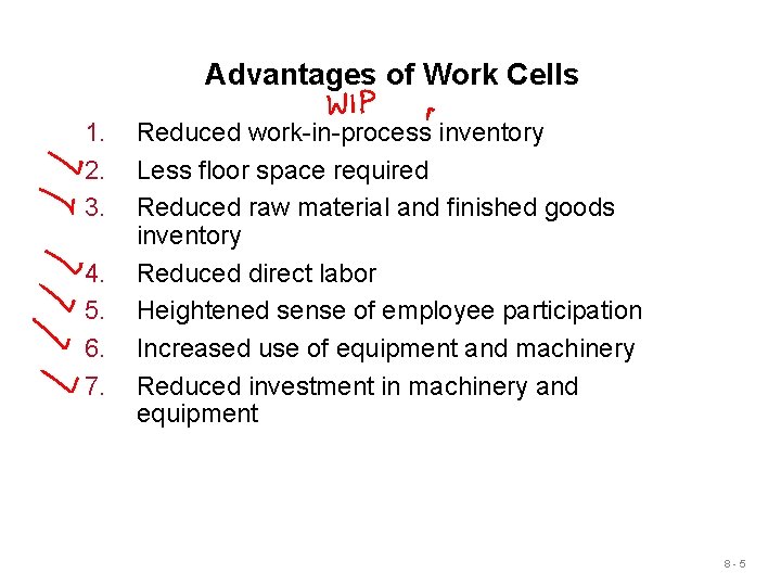 Advantages of Work Cells 1. 2. 3. 4. 5. 6. 7. Reduced work-in-process inventory Advantages of Work Cells 1. 2. 3. 4. 5. 6. 7. Reduced work-in-process inventory