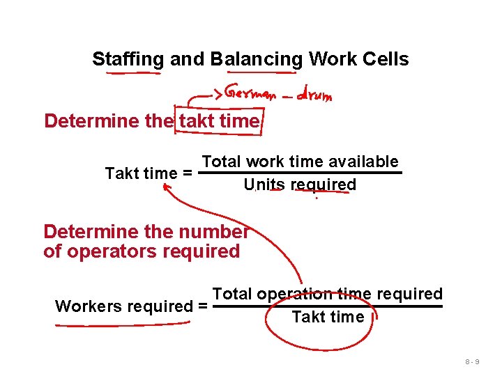 Staffing and Balancing Work Cells Determine the takt time Total work time available Takt Staffing and Balancing Work Cells Determine the takt time Total work time available Takt