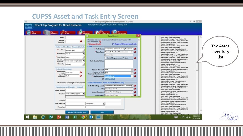 CUPSS Asset and Task Entry Screen The Asset Inventory List 