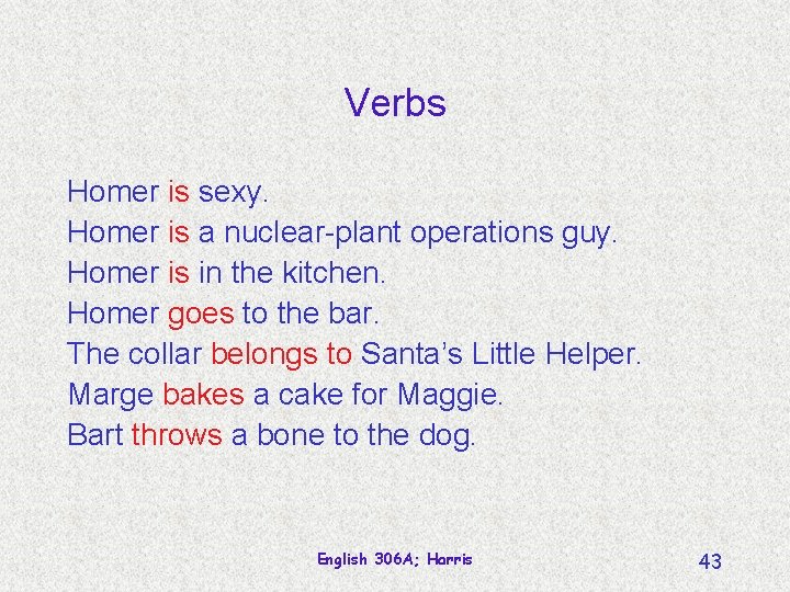 Verbs Homer is sexy. Homer is a nuclear-plant operations guy. Homer is in the