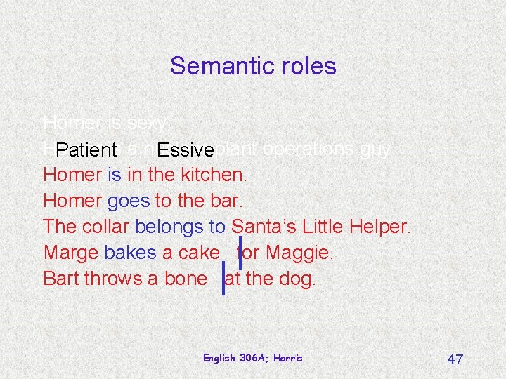 Semantic roles Homer is sexy. Homer operations guy. Patientis a nuclear-plant Essive Homer is