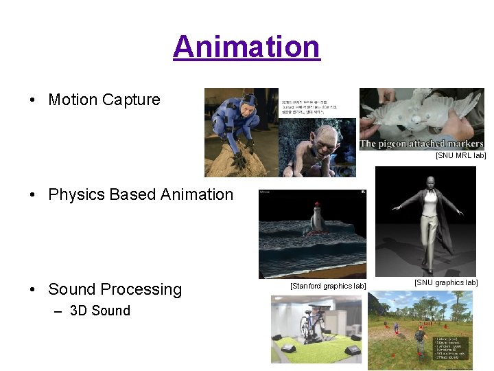 Animation • Motion Capture [SNU MRL lab] • Physics Based Animation • Sound Processing