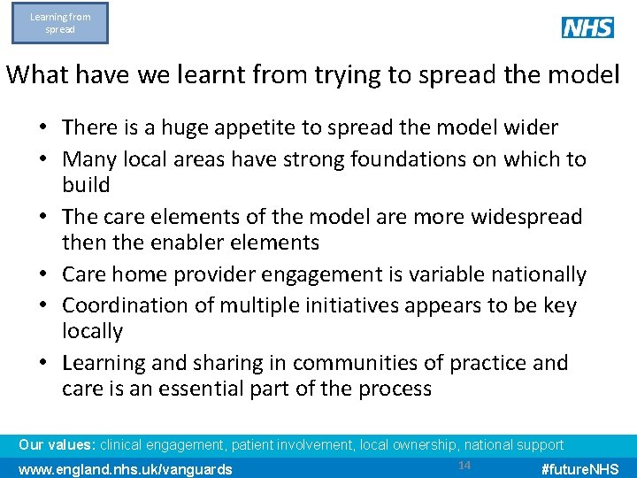 Learning from spread What have we learnt from trying to spread the model •