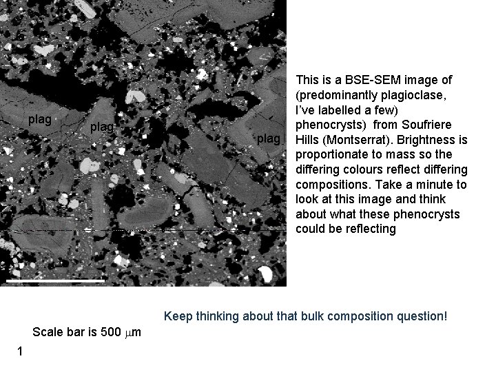 plag This is a BSE-SEM image of (predominantly plagioclase, I’ve labelled a few) phenocrysts)