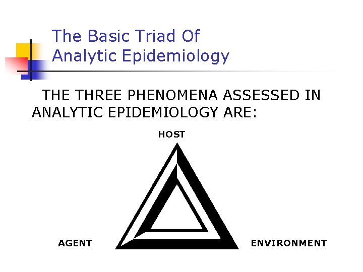 The Basic Triad Of Analytic Epidemiology THE THREE PHENOMENA ASSESSED IN ANALYTIC EPIDEMIOLOGY ARE: