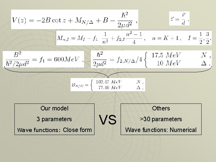 Our model 3 parameters Wave functions: Close form Others VS >30 parameters Wave functions: Our model 3 parameters Wave functions: Close form Others VS >30 parameters Wave functions: