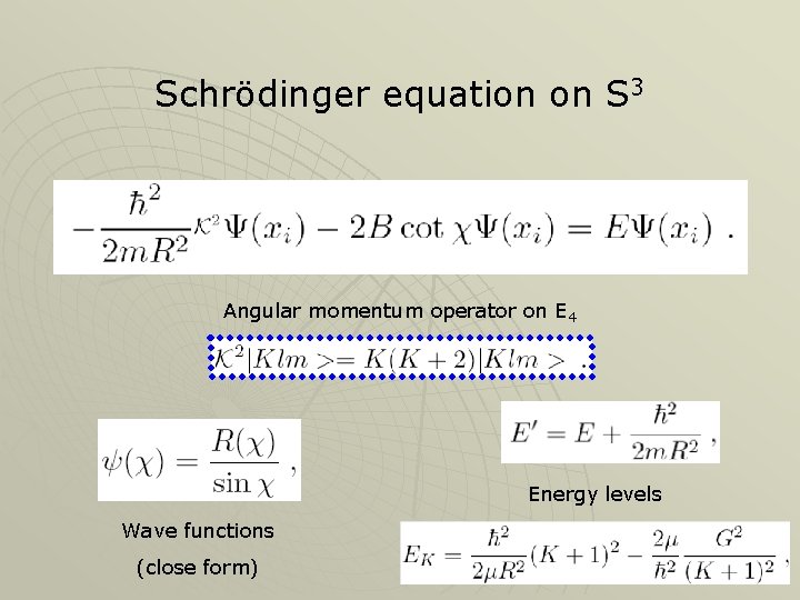 Schrödinger equation on S 3 Angular momentum operator on E 4 Energy levels Wave Schrödinger equation on S 3 Angular momentum operator on E 4 Energy levels Wave