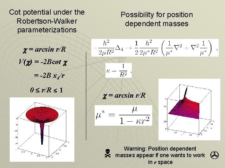 Cot potential under the Robertson-Walker parameterizations Possibility for position dependent masses = arcsin r/R Cot potential under the Robertson-Walker parameterizations Possibility for position dependent masses = arcsin r/R