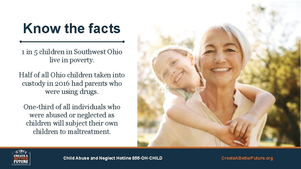 Know the facts 1 in 5 children in Southwest Ohio live in poverty. Half