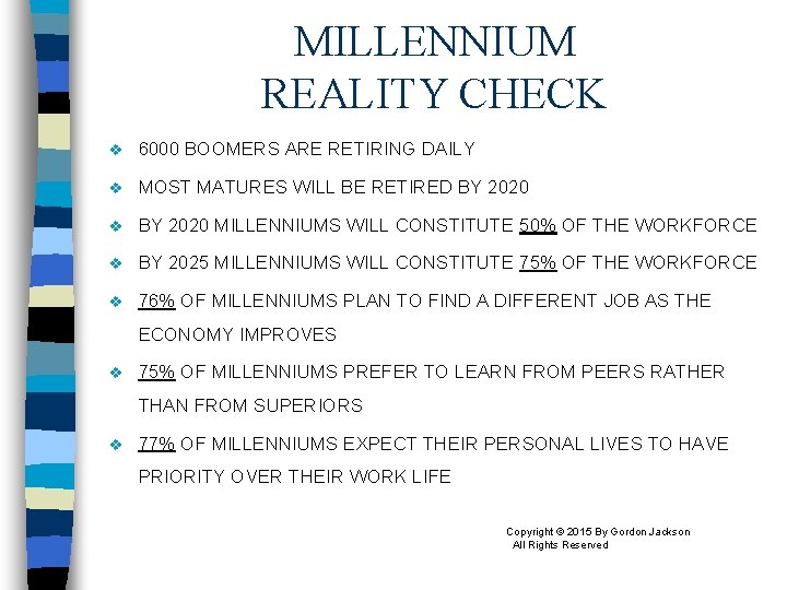 MILLENNIUM REALITY CHECK v 6000 BOOMERS ARE RETIRING DAILY v MOST MATURES WILL BE