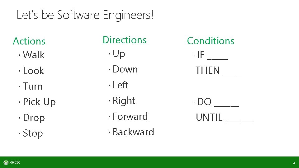 Let’s be Software Engineers! Actions Walk Directions Up Look Down Turn Left Pick Up